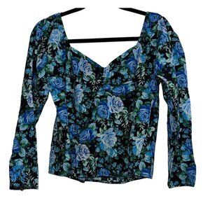 Floral Long-Sleeve Blouse With Blue Roses & Button Cuffs By WAYF Size M